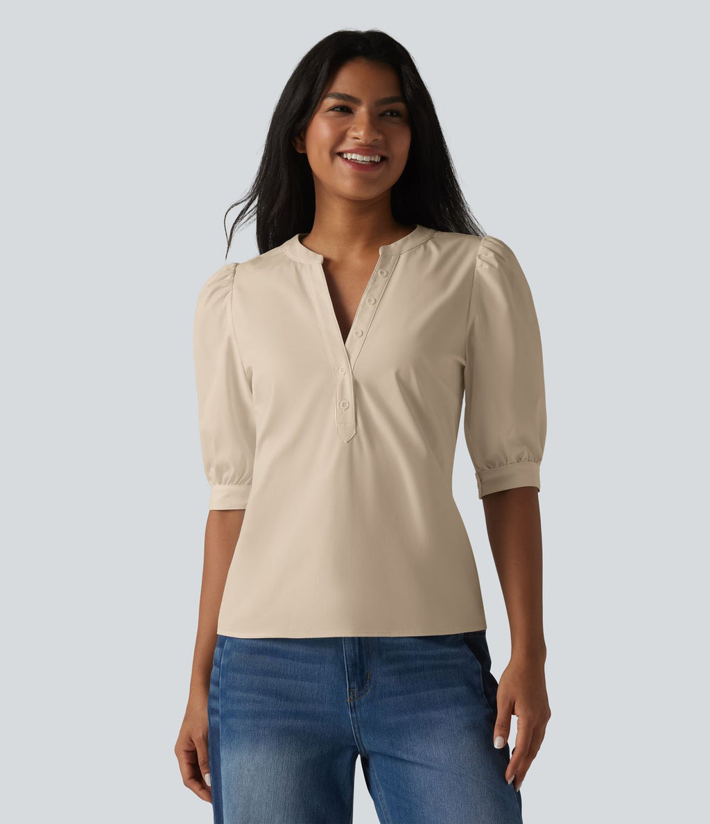 Blouse décontractée col Henley manches bouffantes mi-longues