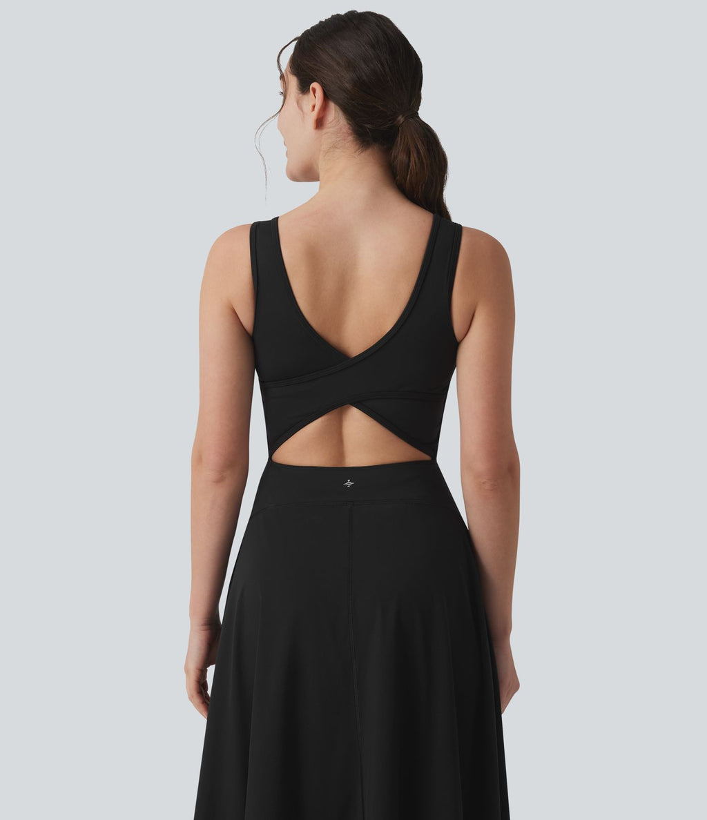 Robe de sport danse mi-longue Breezeful™ col carré dos nu croisé avec brassière intégrée 2-en-1 séchage rapide et poche - Easy Peasy