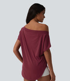 Top de sport yoga asymétrique à épaule dénudée manches courtes ourlet arrondi et coupe asymétrique à séchage rapide – Soutien-gorge intégré