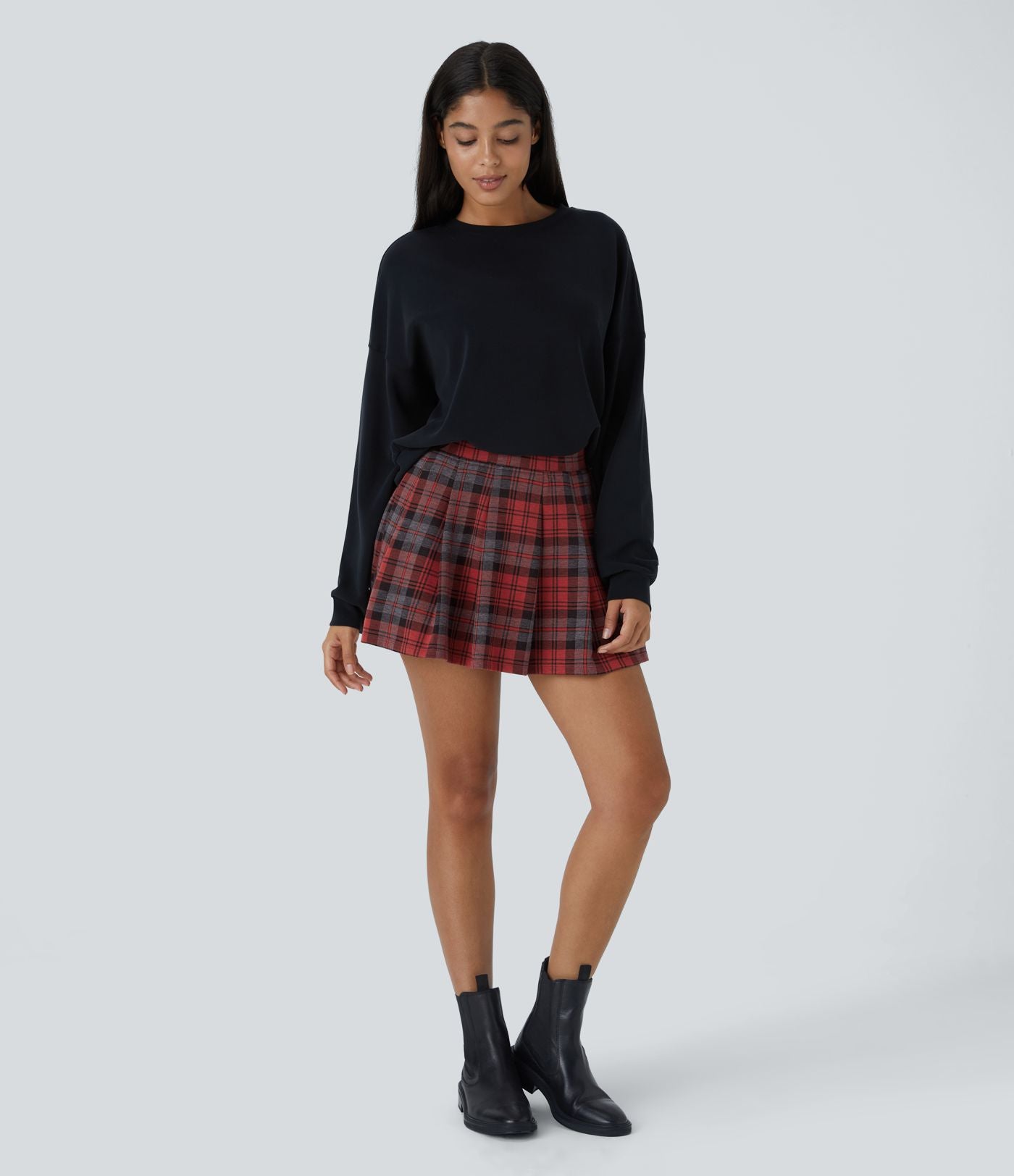 High Waisted Side Pocket 2-in-1 Plaid Pleated Mini Casual Skirt