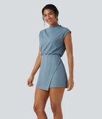 Robe de travail courte 2 pièces col montant manches courtes séchage rapide avec poche-UPF40+