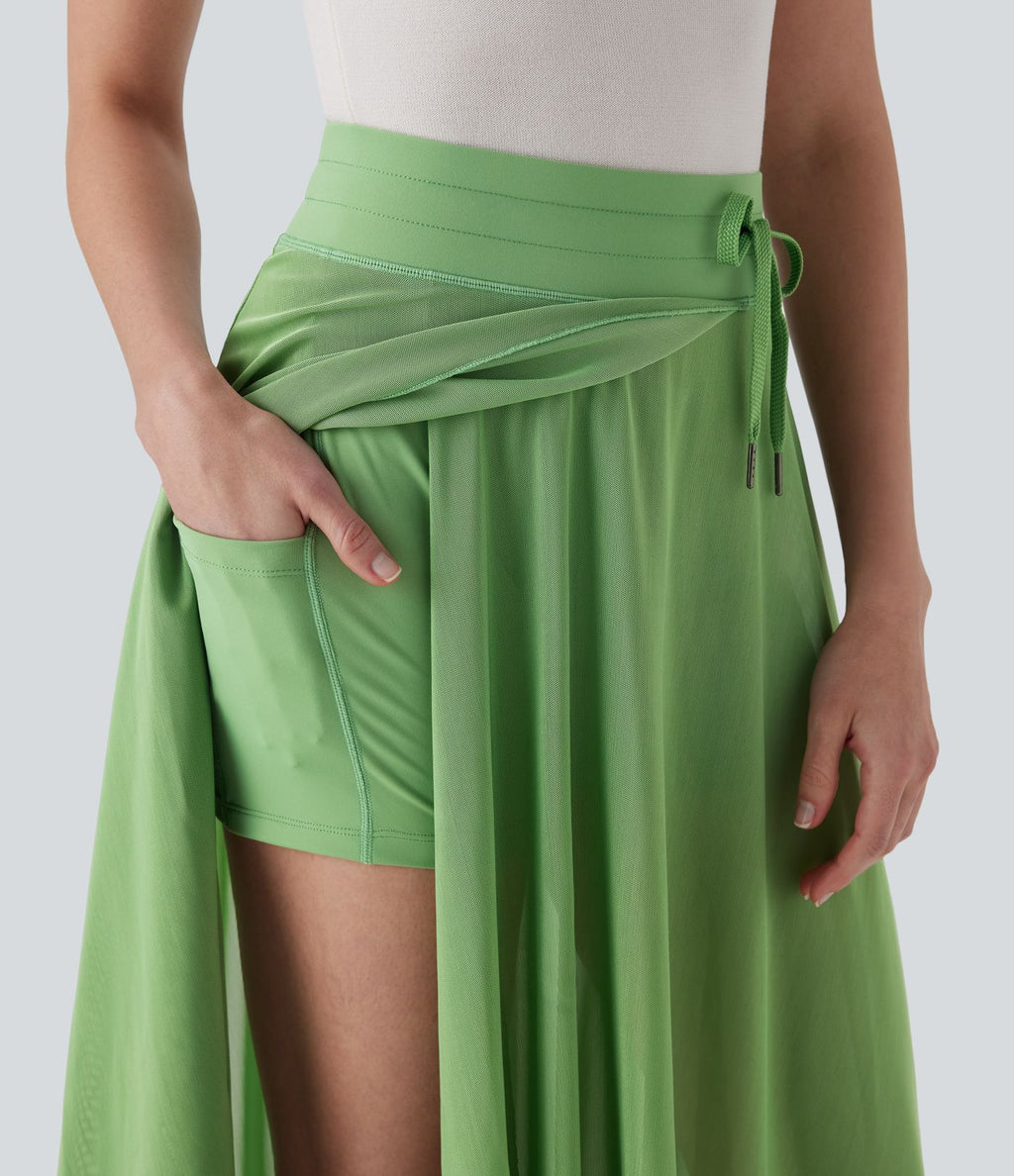 Jupe Casual Évasée Mesh Mi-Longue Fuide 2 en 1 Contrastée Taille Haute Cordon Poche Latérale