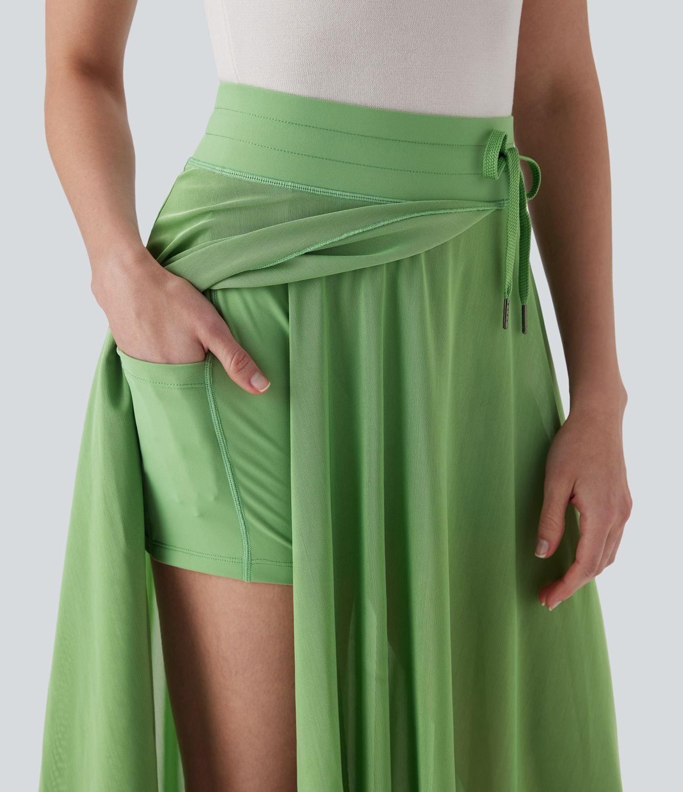 Jupe Casual Évasée Mesh Mi-Longue Fuide 2 en 1 Contrastée Taille Haute Cordon Poche Latérale