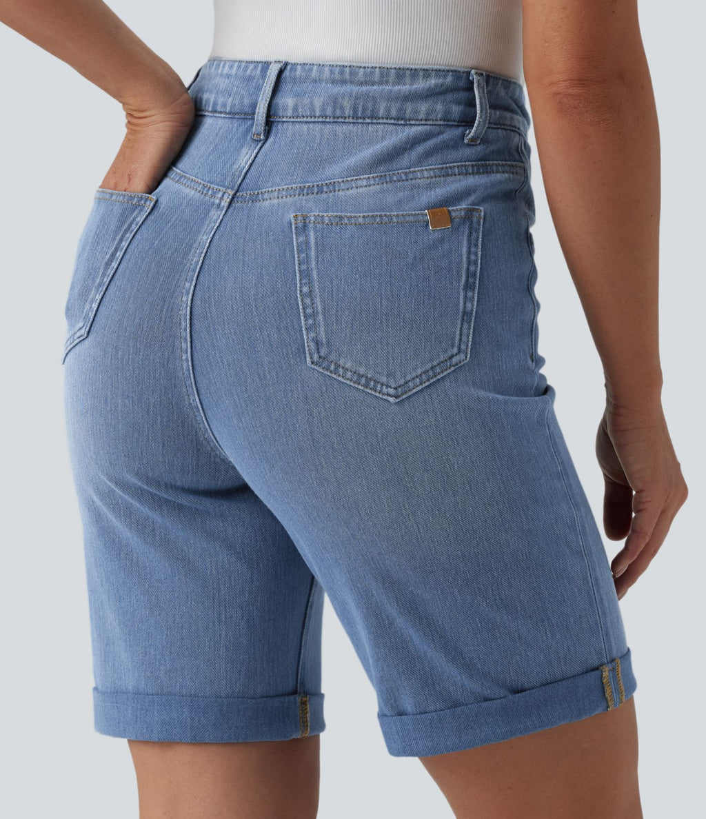 Short en jean Halara Flex™ taille haute gainant délavé à ourlet roulotté décontracté avec poches