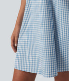 Robe débardeur mini décontractée col rond sans manches en vichy froissé avec poches