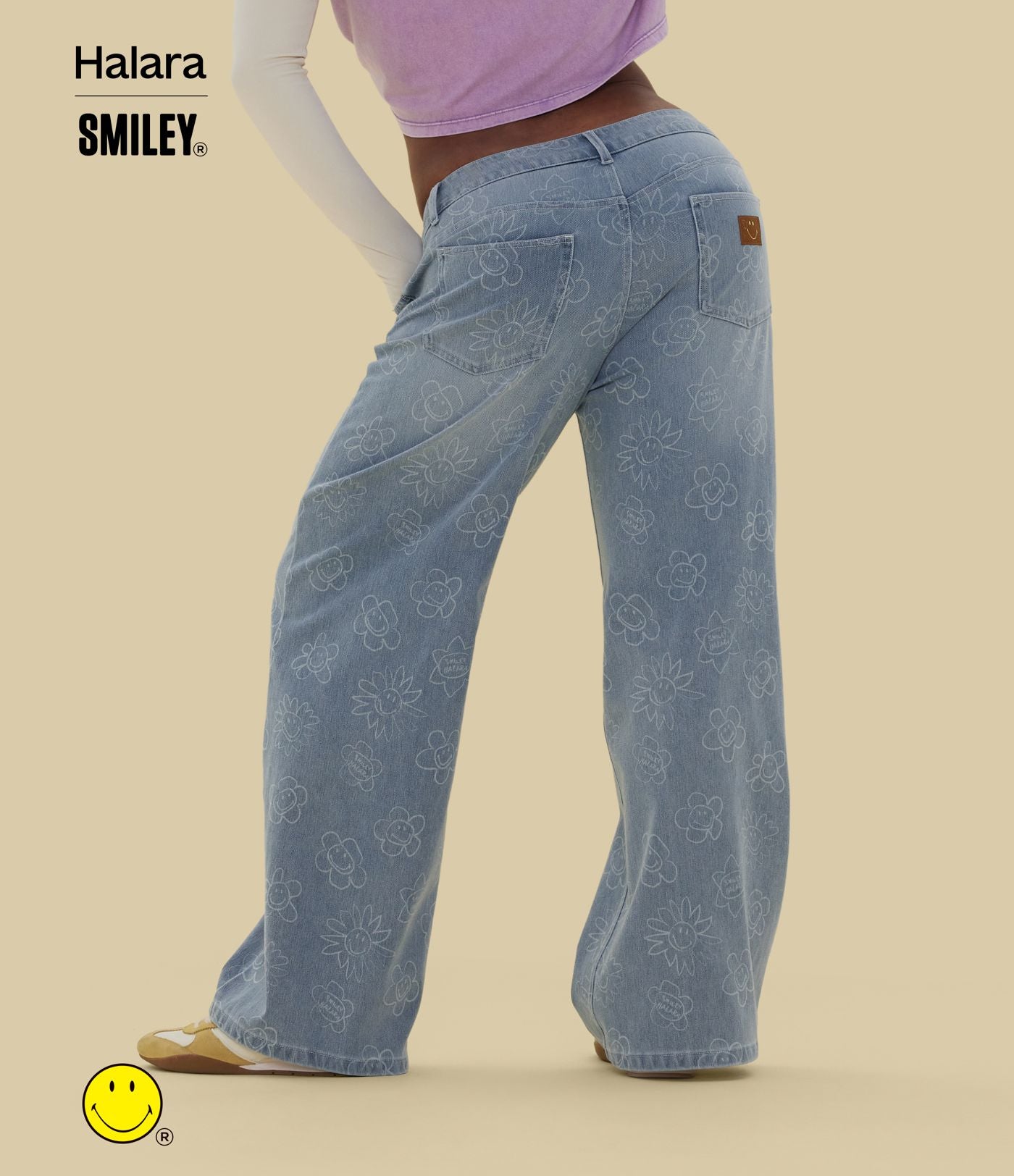 Halara X Smiley® Halara Flex™ Jean large décontracté asymétrique taille basse en lyocell délavé avec poches