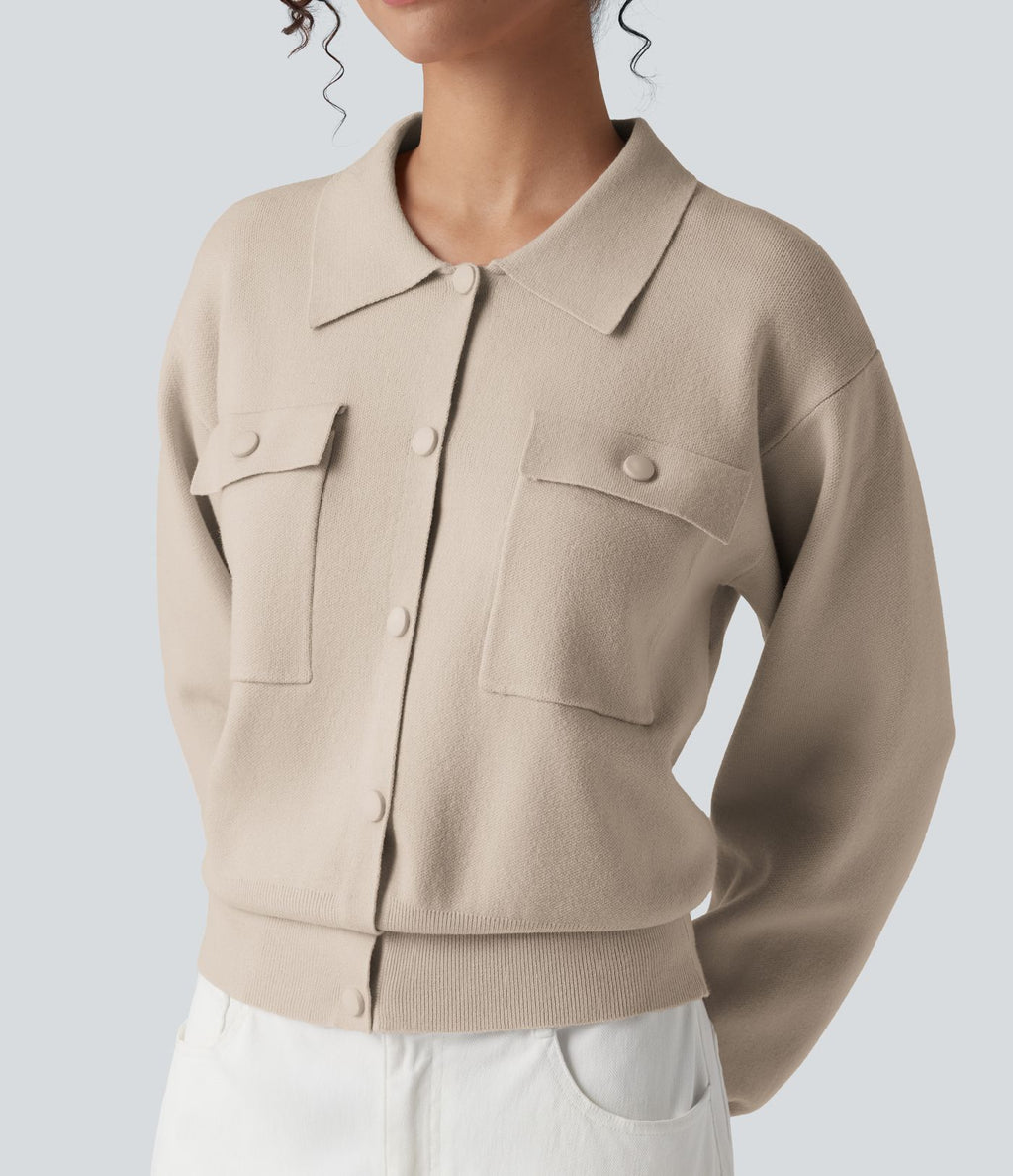 Pull décontracté à col chemise avec poches poitrine boutonnées