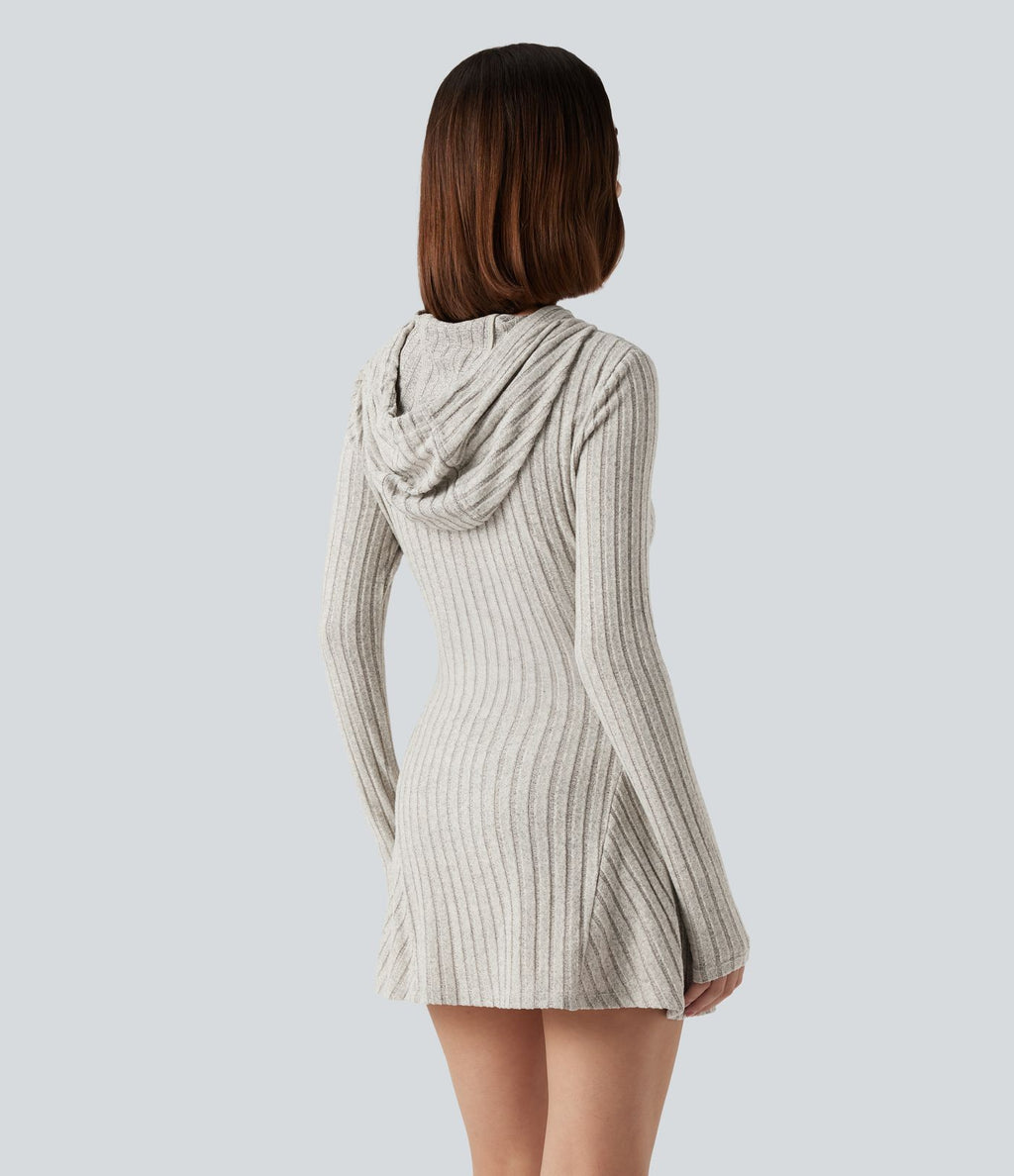 Robe décontractée mini à capuche maille côtelée manches longues avec cordon de serrage
