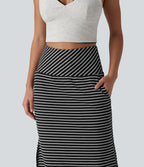Jupe longue casual gainante taille haute à rayures et fente avec poches