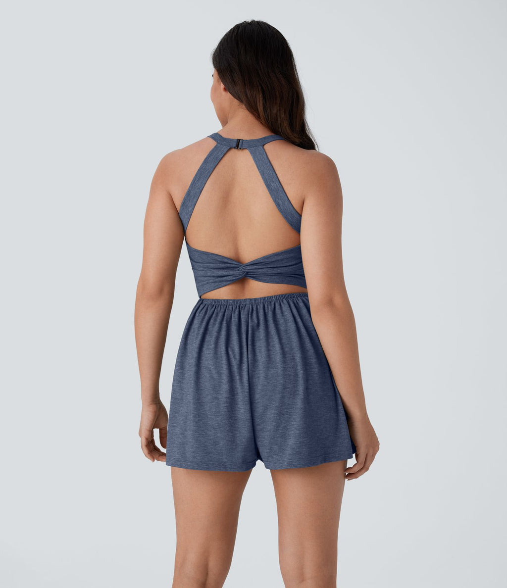 Combishort de villégiature 2-en-1 à dos nu, design torsadé, poches latérales - Édition Easy Peasy