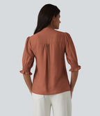 Blouse décontractée à col en V et manches courtes bouffantes