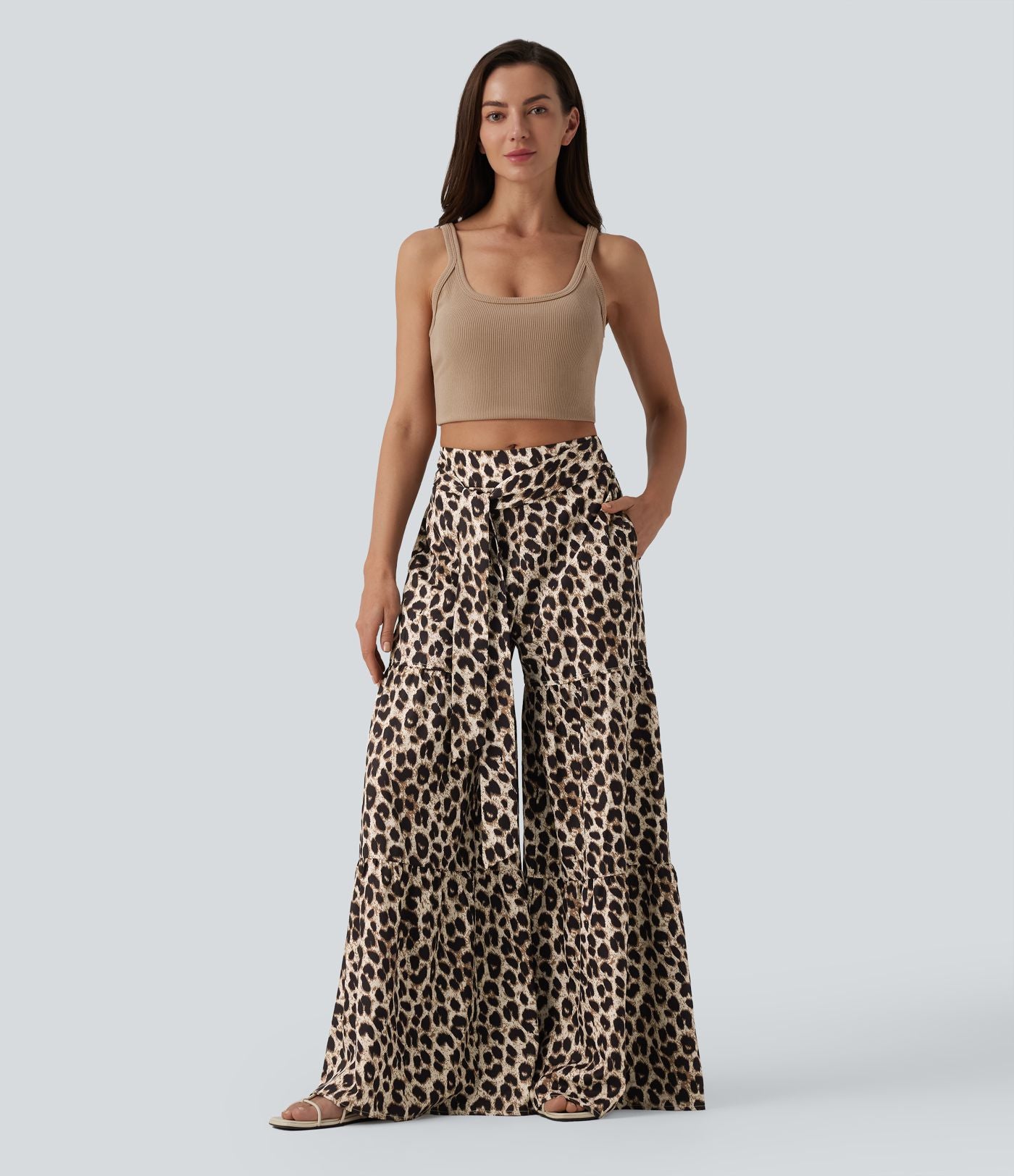 Pantalon ample décontracté taille mi-haute avec nœud devant imprimé léopard avec poches