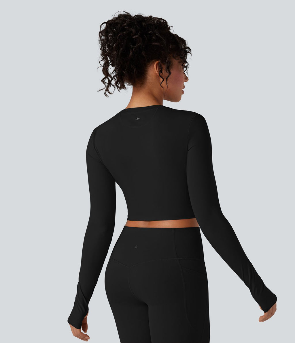Top de sport yoga court Halara UltraSculpt™ col rond manches longues avec trous pouces
