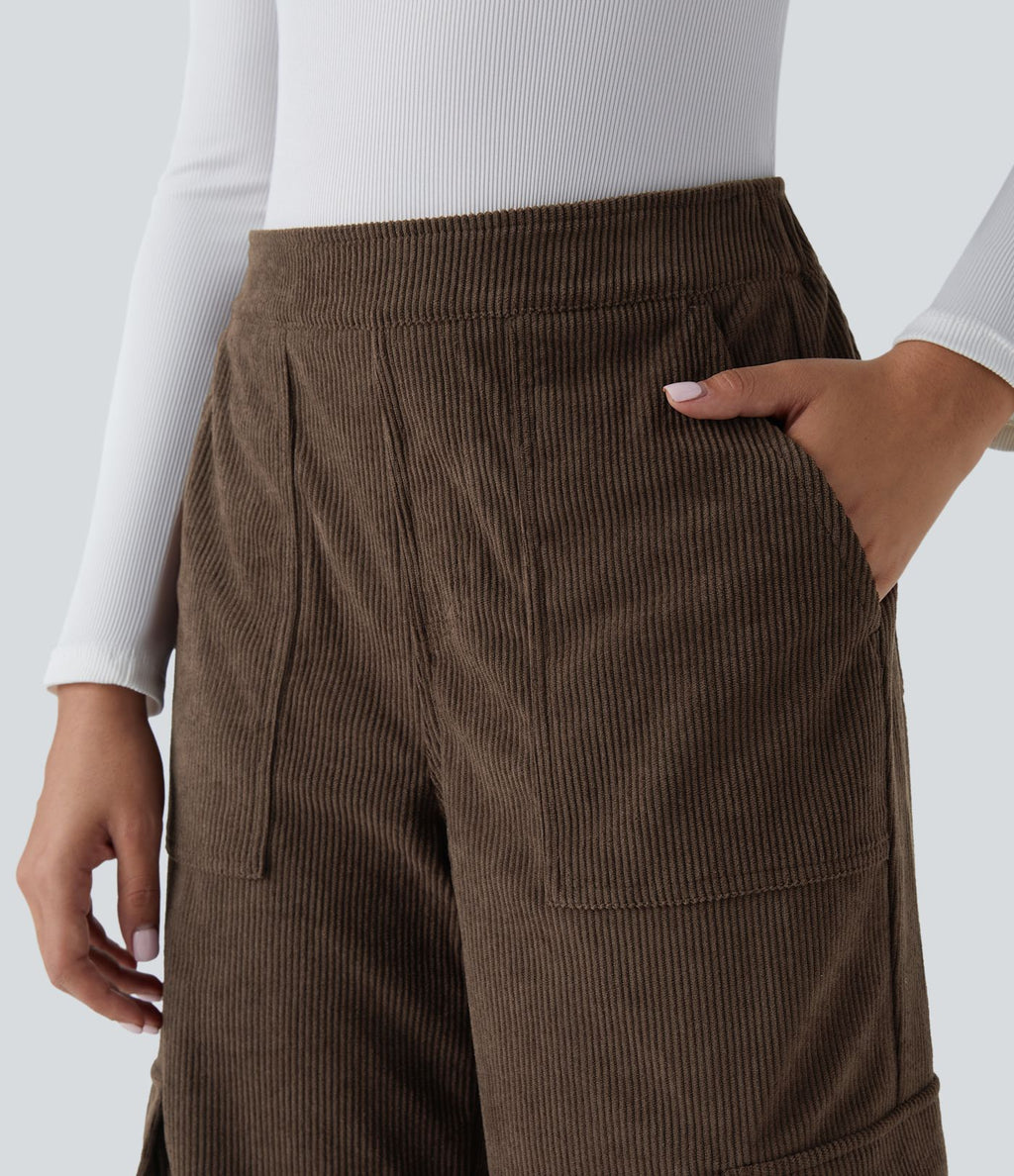 Pantalon cargo décontracté droit en velours côtelé, taille mi-haute, avec poches