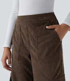 Pantalon cargo décontracté droit en velours côtelé, taille mi-haute, avec poches