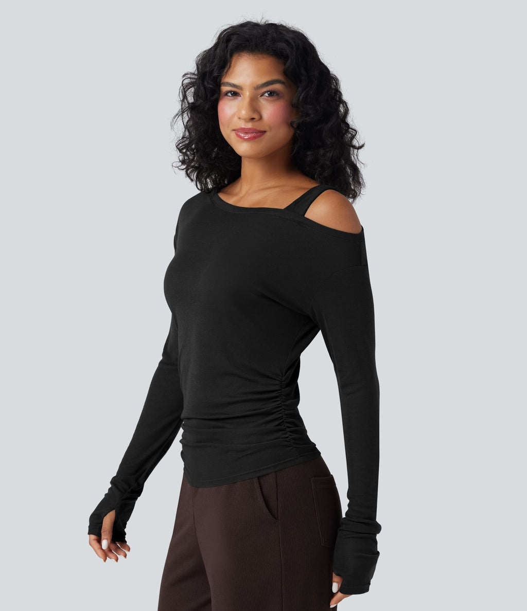 T-shirt décontracté asymétrique en mélange de laine à une épaule et manches longues
