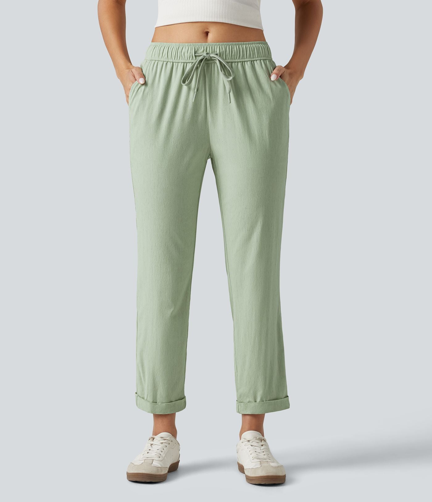 Pantalon ajusté décontracté taille mi-haute avec cordon de serrage, aspect lin extensible et poches