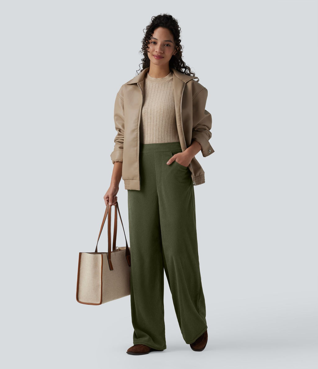 Pantalon velours côtelé tailleur et large Halara Flex™, taille haute, avec poches