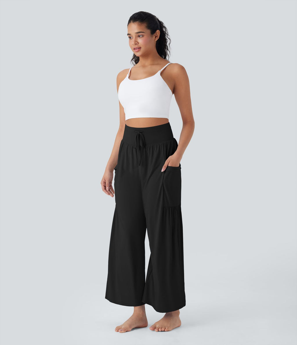 Pantalon de yoga large gainant taille haute avec cordon de serrage et effet frais InstantCool avec poches, protection solaire UPF50+