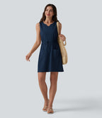 Robe mini gaufrée col cranté sans manches cordon de serrage avec poches