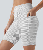 Short cycliste de yoga taille haute à rayures avec cordon de serrage 17,5 cm et poches