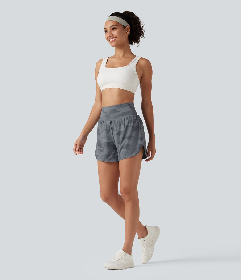 Short de running 2 en 1 Halara UltraSculpt™ gainant imprimé camouflage, taille haute, ourlet incurvé, 10 cm, avec poche