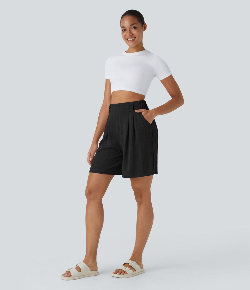 Bermuda Large Fluide Taille Haute avec Plis et Poches Latérales en Lin Synthétique