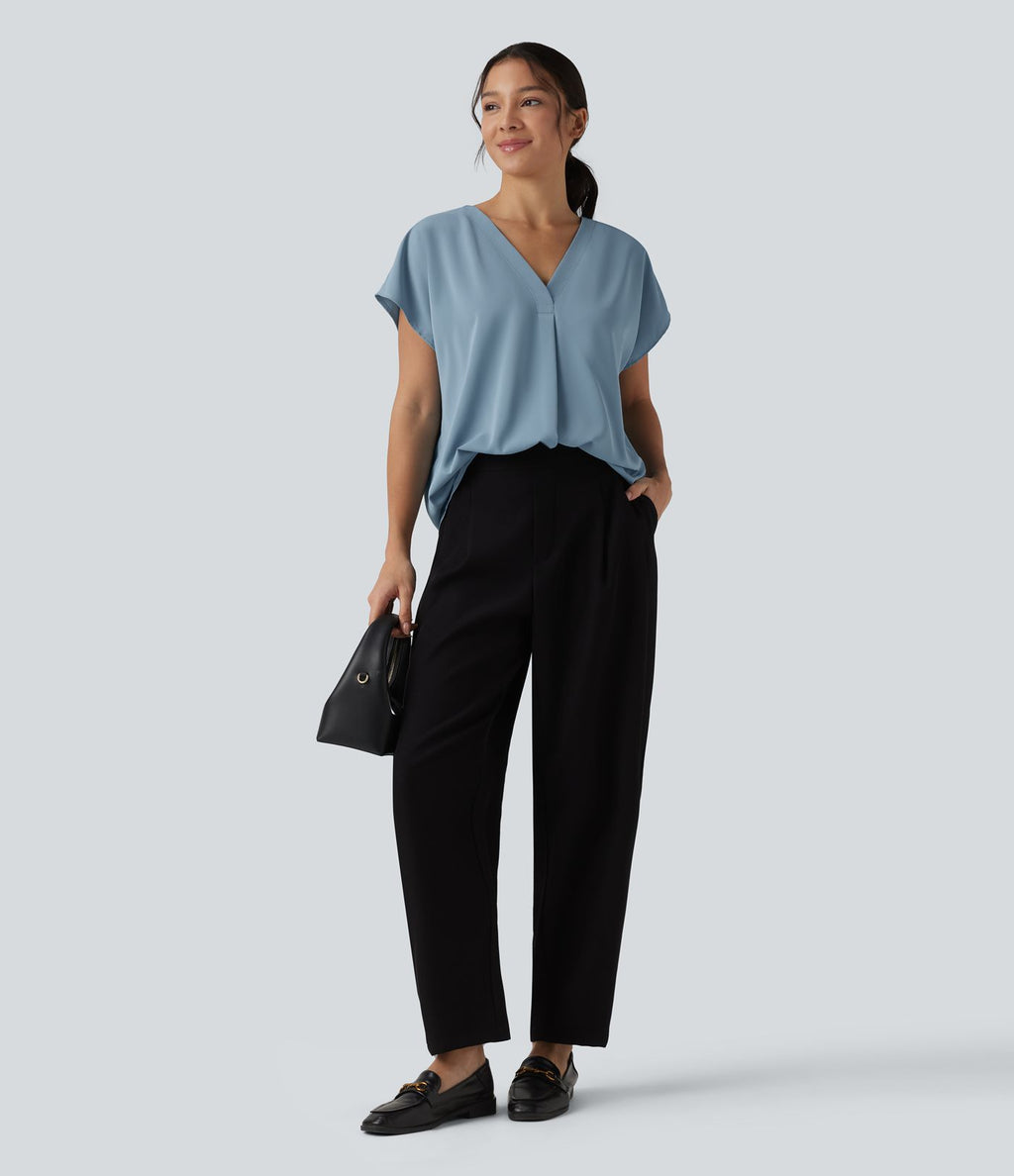 Blouse esprit bureau oversize défroissage facile, col V et manches courtes