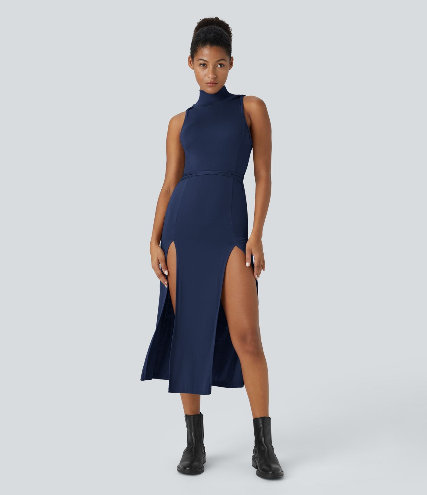 Robe Casual Midi 2 Pièces Capuche Col Montant Sans Manches Fendue avec Découpe Dos Nœud Côtelée