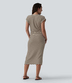 Robe T-shirt casual midi col rond manches courtes rayures gauffrées à ourlet asymétrique fendu