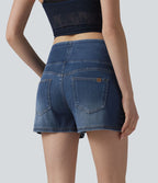 Halara Flex™ Short décontracté en denim lyocell délavé taille mi-haute drapé 9 cm avec poches