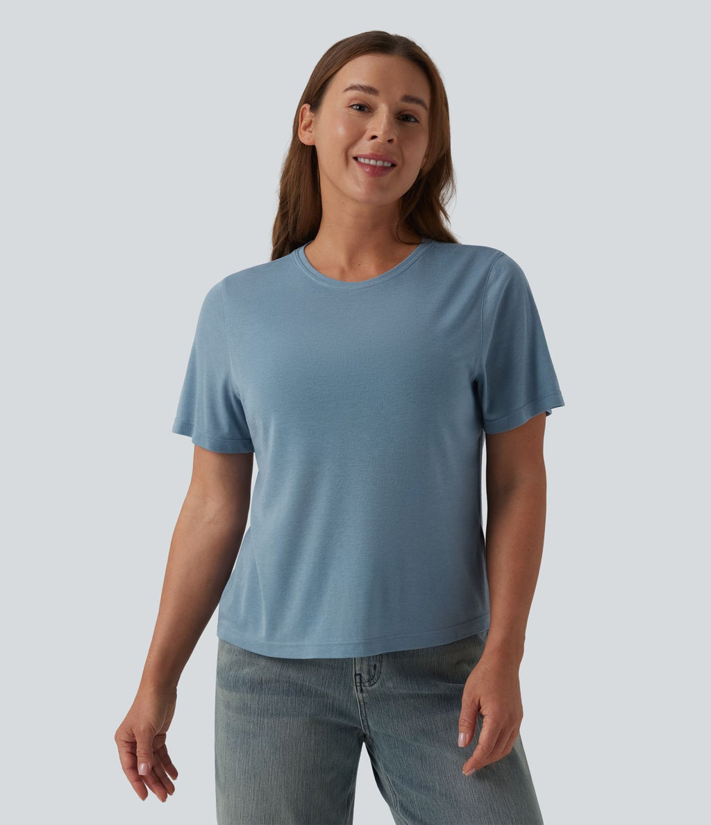 T-shirt décontracté ample à col rond et manches courtes en laine mélangée