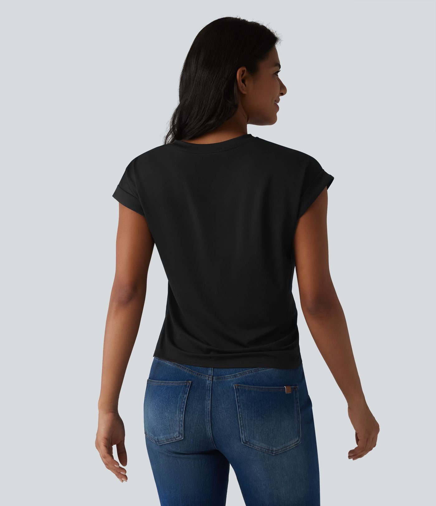 T-shirt casual col rond manches courtes avec ourlet incurvé et fentes latérales