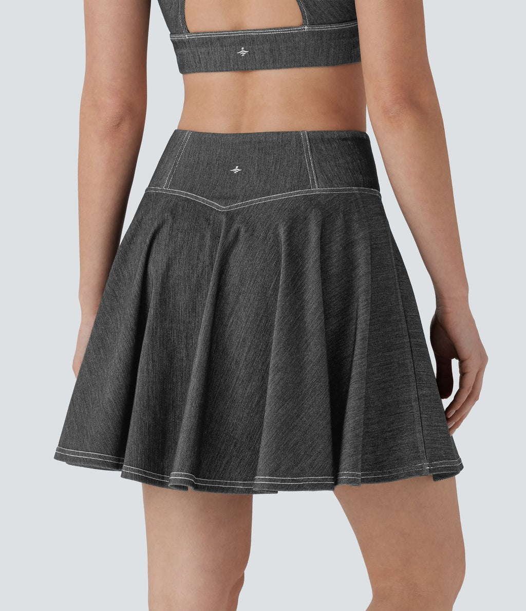 Mini-jupe tennis denim 2-en-1 HalaraMagic™ tricot extensible Cool Touch délavé taille haute avec poches
