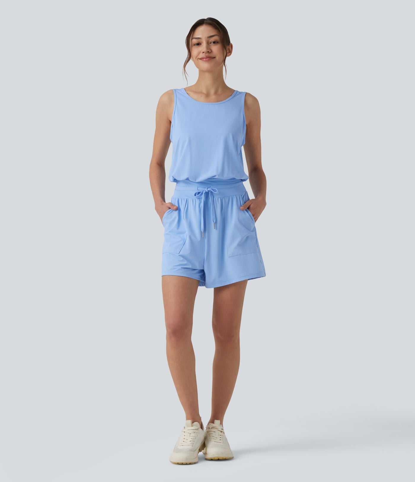 Barboteuse de yoga col rond effet frais InstantCool dos nu avec découpes, cordon de serrage et poches, protection solaire UPF50+