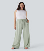 Pantalon décontracté grande taille large fluide taille haute effet lin avec cordon de serrage et poches