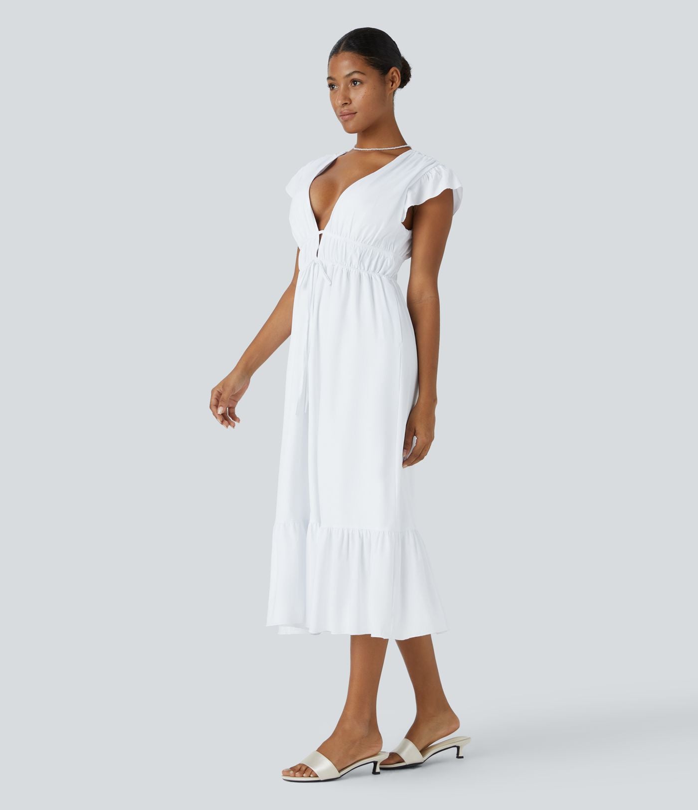 Breezeful™ Robe Midi Séchage Rapide Demoiselle d'Honneur et Invitée de Mariage Encolure en V Profond Manches Papillon Dos Nu Nœud Poches Latérales Ourlet à Volants