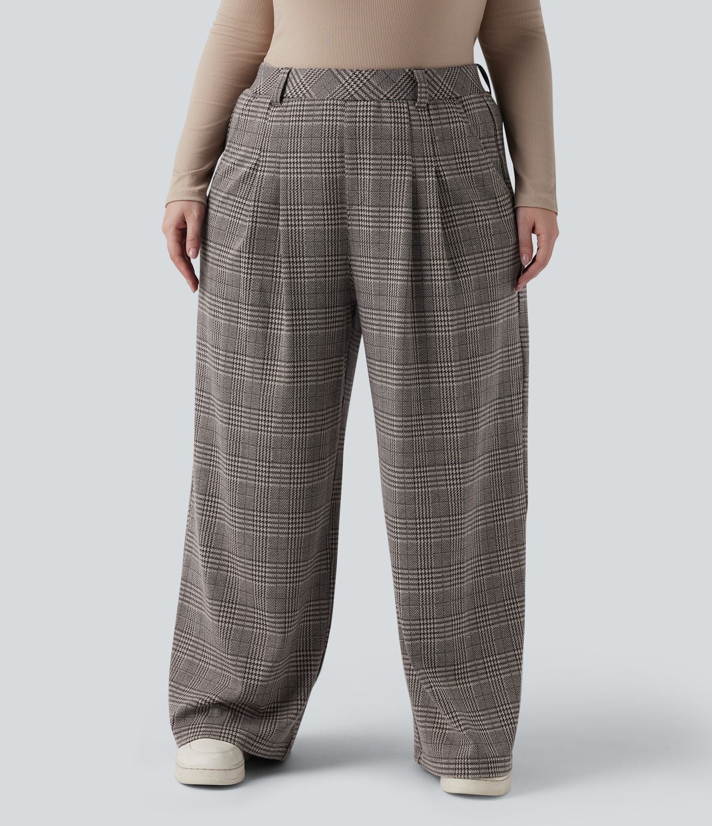 Pantalon décontracté grande taille large taille haute à carreaux pied-de-poule avec poches