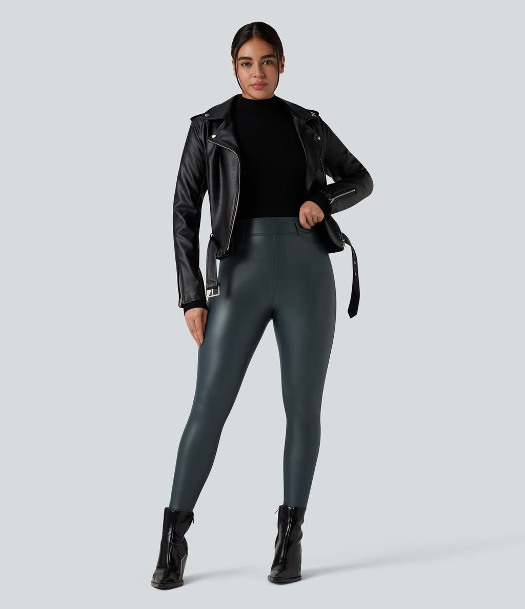 Pantalon polaire simili cuir extensible taille haute avec poches