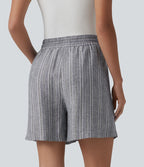 Short tailleur large en lin rayé taille haute avec cordon de serrage et poches