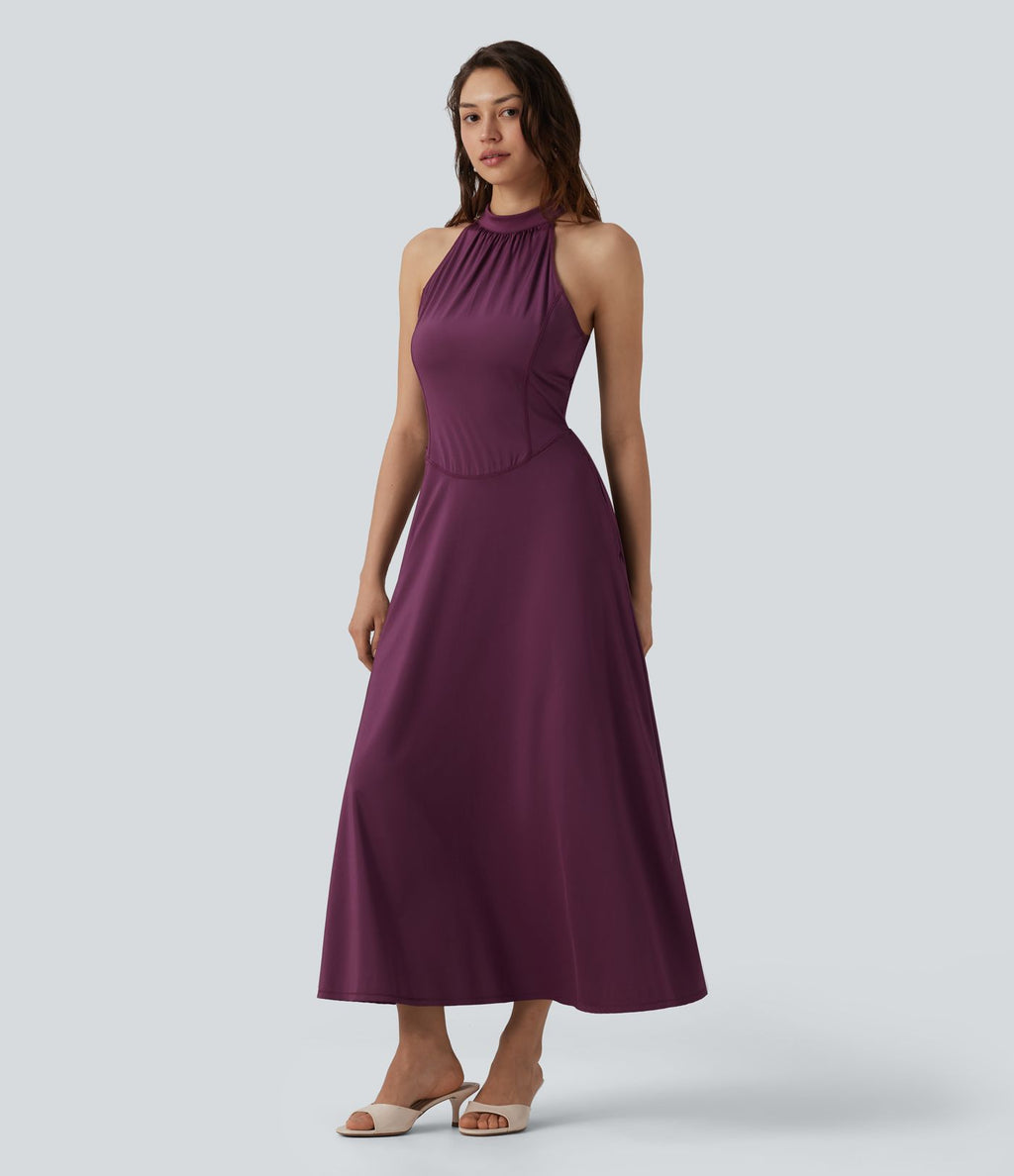 Robe midi fluide à col cheminée, sans manches, zip invisible, en satin extensible à effet frais InstantCool, idéale pour demoiselles d'honneur et invitées de mariage, avec poches