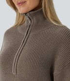 Pull décontracté à col montant, demi-fermeture éclair, manches longues et fente