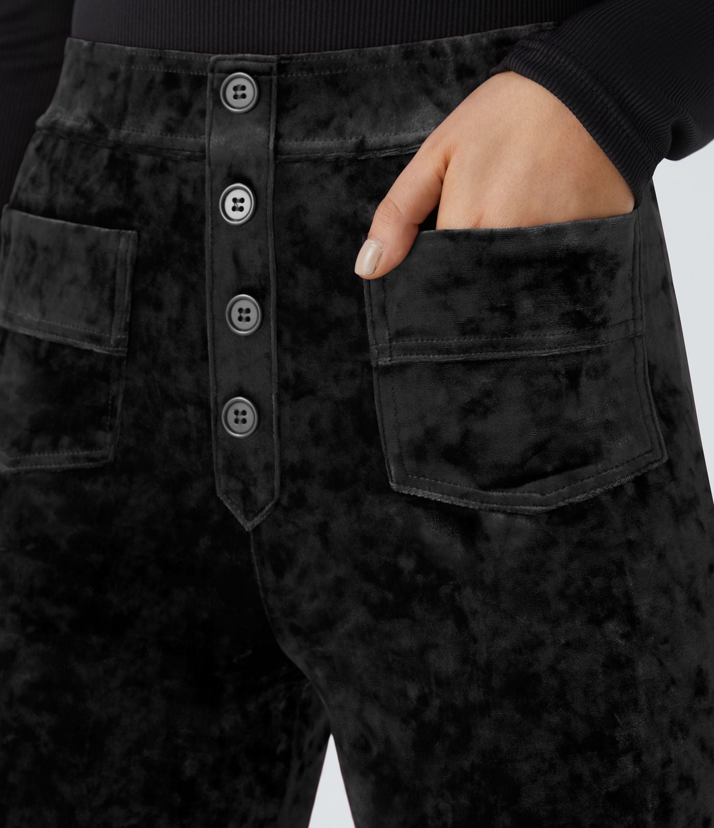 Pantalon Casual en Velours Taille Haute avec Bouton Multipoches Droites
