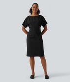 Robe mi-longue de travail col bateau manches courtes mélange lin