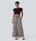 Pantalon large et fluide à imprimé léopard, taille haute avec cordon de serrage et poches latérales