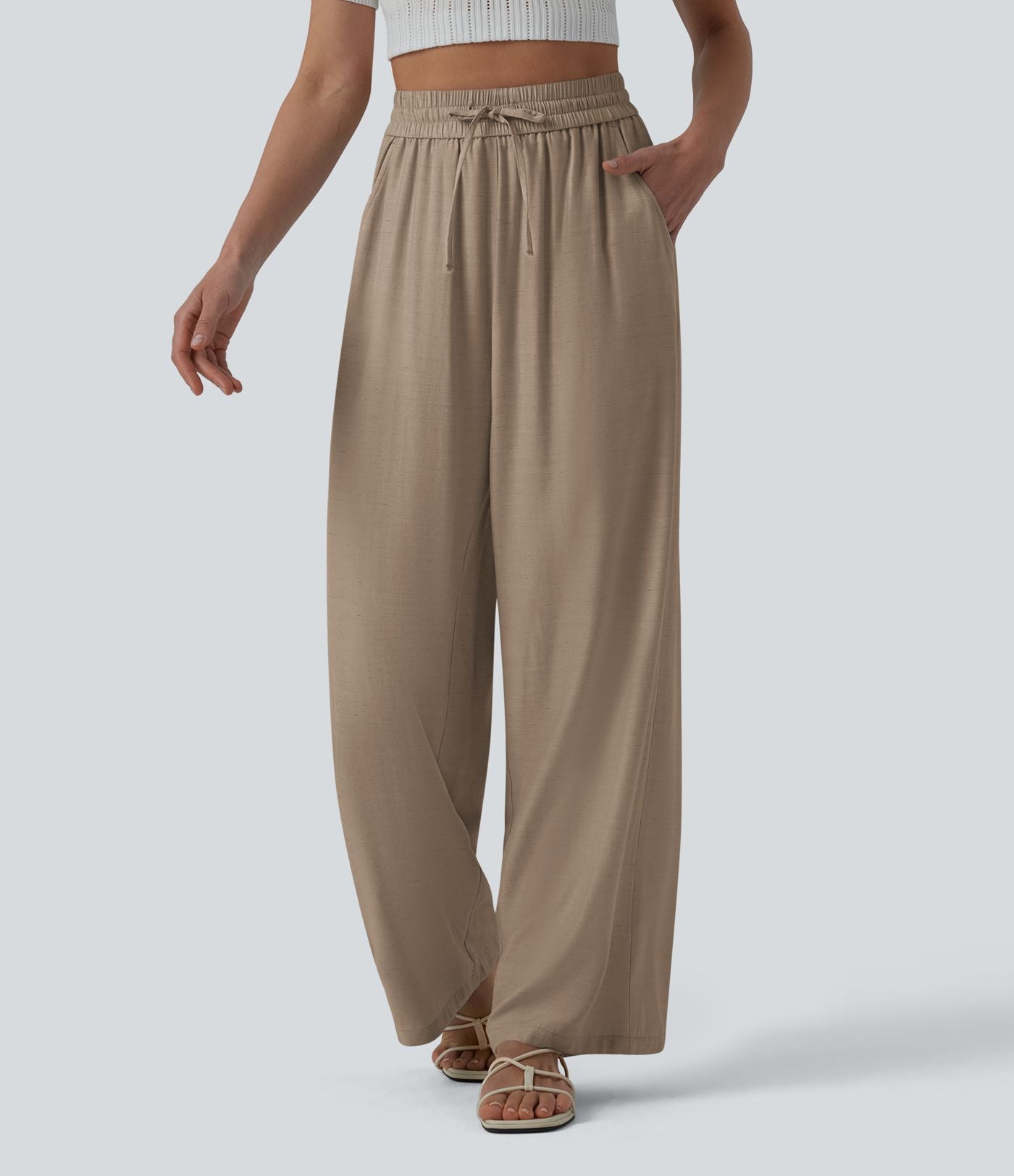 Pantalon casual large mélange lin taille haute avec cordon de serrage et poches