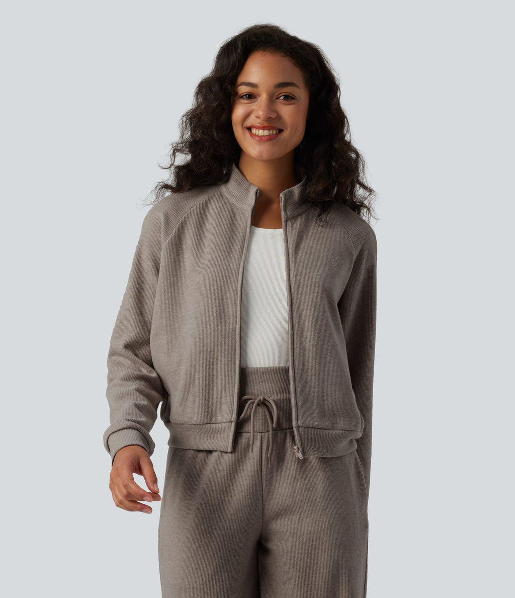 Veste casual côtelée à col montant, manches longues et fermeture zippée avec poches
