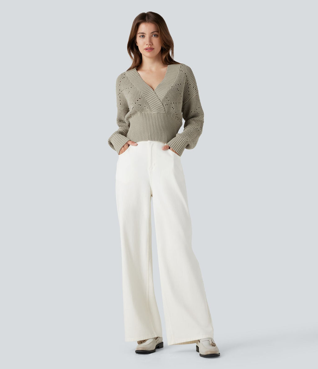 Pull tailleur col V ajouré manches longues