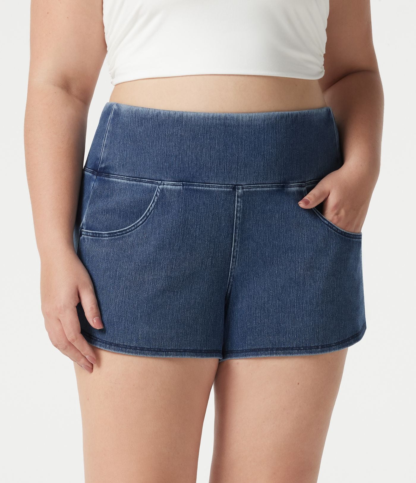 Short en jean Halara Flex™ skinny décontracté grande taille ventre plat, taille haute, ourlet arrondi, à poches