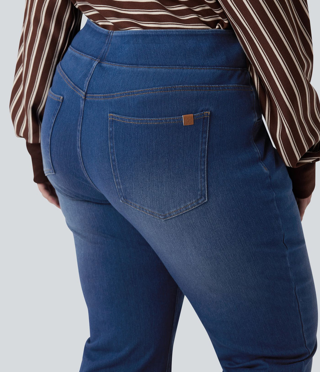 Jean décontracté Halara Flex™ grande taille bootcut taille haute en maille extensible délavée avec multiples poches